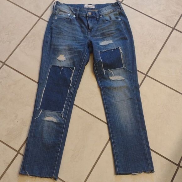 Madewell Slim Boyfriend Jean distressed patchwork raw hem blue denim size 24 - Picture 2 of 13